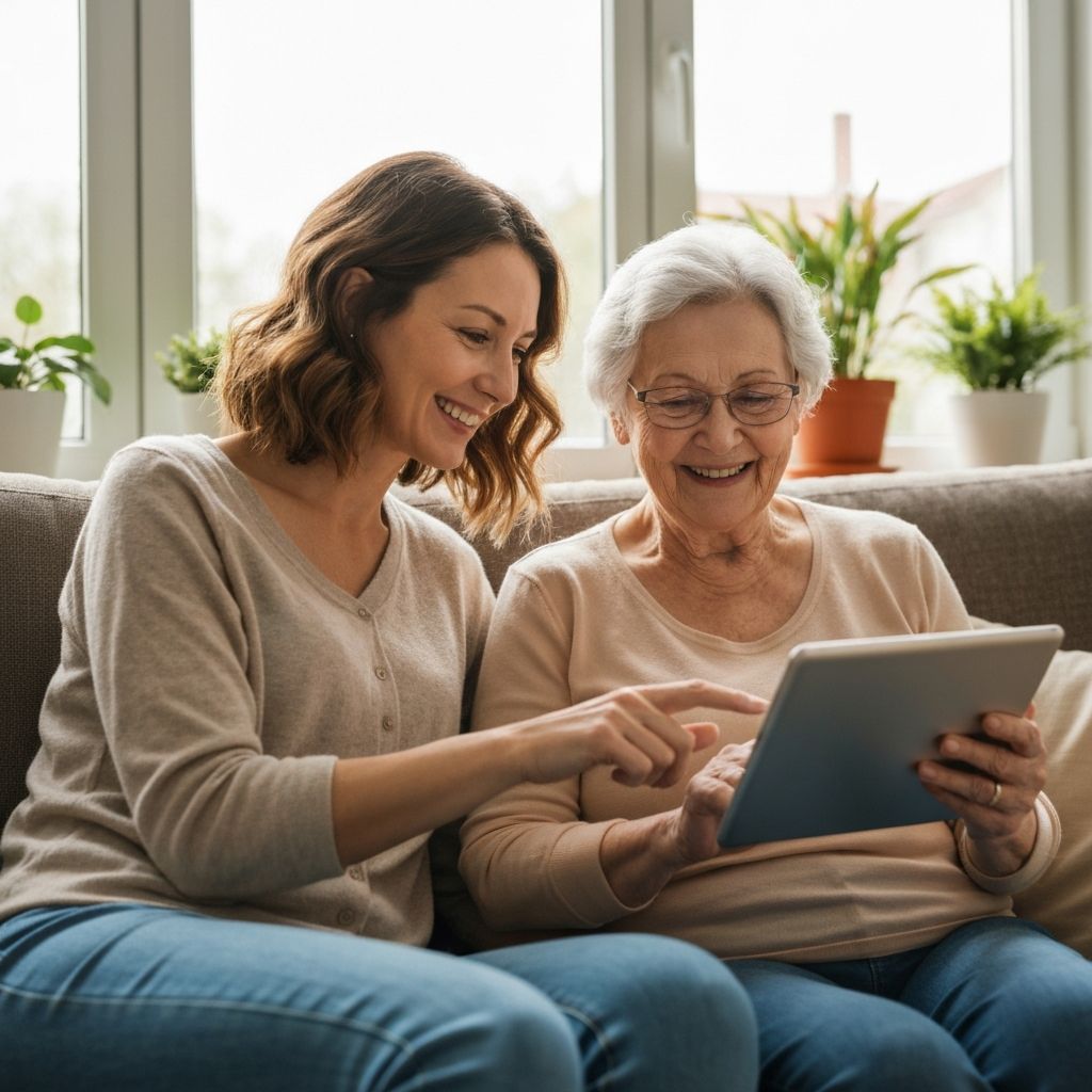 Adult daughter helping elderly mother with technology